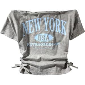 image:imageGirls Off The Shoulder Letter Graphic Tees Short Sleeve Ruched Bowknot T Shirts Cute Crop TopsGrey