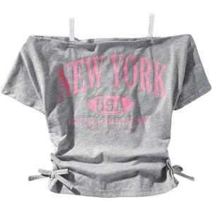 image:imageGirls Off The Shoulder Letter Graphic Tees Short Sleeve Ruched Bowknot T Shirts Cute Crop TopsLight Grey