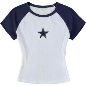 image:imageGirls Star Patchwork Color Block Crop Tops Short Sleeve Crew Neck Ribbed T ShirtsBlue