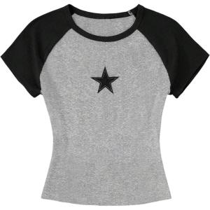 image:imageGirls Star Patchwork Color Block Crop Tops Short Sleeve Crew Neck Ribbed T ShirtsLight Grey