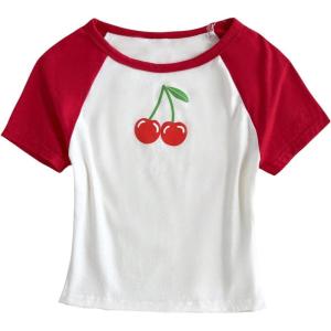 image:imageGirls Star Patchwork Color Block Crop Tops Short Sleeve Crew Neck Ribbed T ShirtsRed