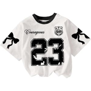 image:imageGirls Y2K Letter Bow Graphic Tee Shirt Crewneck Short Sleeve Cute Going Out TopsBlack and White