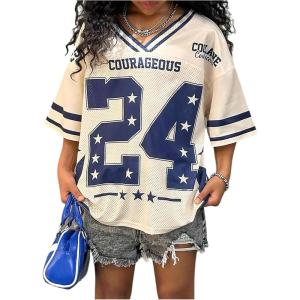 image:imageGirls Y2K Mesh Oversized Jersey Tops Number Star Graphic Tees Vintage V Neck T ShirtsMulticolor