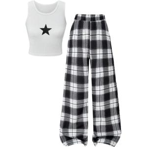 image:imageGirls Y2K Outfits 2 Piece Star Graphic Tank Tops and Plaid Wide Leg Pants Clothing SetsBlack and White