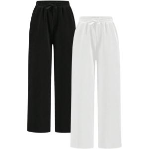 image:image2 Pack Girls Sweatpants Wide Leg Elastic Waist Pants with Pockets Baggy Joggers Track Pants TrendyBlack and White