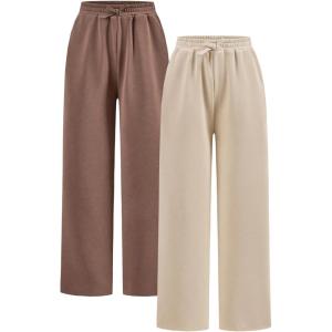 image:image2 Pack Girls Sweatpants Wide Leg Elastic Waist Pants with Pockets Baggy Joggers Track Pants TrendyKhaki Brown