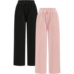 image:image2 Pack Girls Sweatpants Wide Leg Elastic Waist Pants with Pockets Baggy Joggers Track Pants TrendyMulticolor Black