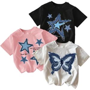 image:imageGirls 3 Packs Star Butterfly Graphic Tees Crew Neck Short Sleeve T Shirt Casual TopsStar White Pink Black