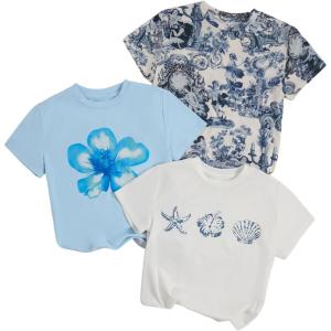 image:imageGirls 3 Packs Star Butterfly Graphic Tees Crew Neck Short Sleeve T Shirt Casual TopsWhite Blue Graphic
