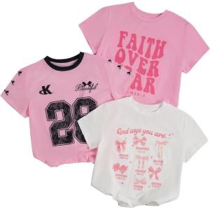 image:imageGirls 3 Packs Star Butterfly Graphic Tees Crew Neck Short Sleeve T Shirt Casual TopsWhite Pink Black