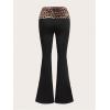 image:imageWomens Leopard Print Foldover Color Block Flare Pants Elastic High Waisted Bell BottomsBlack