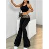 image:imageWomens Leopard Print Foldover Color Block Flare Pants Elastic High Waisted Bell BottomsBlack