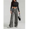 image:imageWomens Leopard Print Wide Leg Pants Patched Elastic Waist Casual Loose TrousersBlack