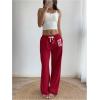 image:imageWomens Number Embroidery Sweatpants Wide Leg Pants Athletic Pants Casual Sports TrousersBurgundy