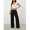 image:imageWomens Straight Wide Leg Linen Pants Drawstring High Waisted Casual Long Trousers with PocketsPure Black