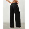 image:imageWomens Straight Wide Leg Linen Pants Drawstring High Waisted Casual Long Trousers with PocketsPure Black