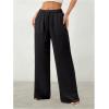 image:imageWomens Straight Wide Leg Linen Pants Drawstring High Waisted Casual Long Trousers with PocketsSoft Black