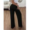 image:imageWomens Striped Foldover Pants Ribbed Knit Wide Leg Pants Elastic High Waisted Casual Lounge TrousersBlack