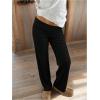 image:imageWomens Striped Foldover Pants Ribbed Knit Wide Leg Pants Elastic High Waisted Casual Lounge TrousersBlack