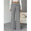 image:imageWomens Striped Foldover Pants Ribbed Knit Wide Leg Pants Elastic High Waisted Casual Lounge TrousersBlack and White