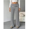image:imageWomens Striped Foldover Pants Ribbed Knit Wide Leg Pants Elastic High Waisted Casual Lounge TrousersBlack and White