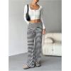 image:imageWomens Striped Foldover Pants Ribbed Knit Wide Leg Pants Elastic High Waisted Casual Lounge TrousersBlack and White