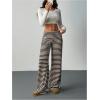image:imageWomens Striped Foldover Pants Ribbed Knit Wide Leg Pants Elastic High Waisted Casual Lounge TrousersCoffee Brown