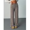image:imageWomens Striped Foldover Pants Ribbed Knit Wide Leg Pants Elastic High Waisted Casual Lounge TrousersCoffee Brown