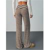 image:imageWomens Striped Foldover Pants Ribbed Knit Wide Leg Pants Elastic High Waisted Casual Lounge TrousersCoffee Brown