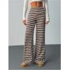 image:imageWomens Striped Foldover Pants Ribbed Knit Wide Leg Pants Elastic High Waisted Casual Lounge TrousersCoffee Brown