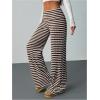 image:imageWomens Striped Foldover Pants Ribbed Knit Wide Leg Pants Elastic High Waisted Casual Lounge TrousersCoffee Brown