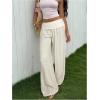 image:imageWomens Wide Leg Linen Pants Low Rise Foldover Casual Lounge Pants Vacation TrousersApricot
