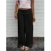 image:imageWomens Wide Leg Linen Pants Low Rise Foldover Casual Lounge Pants Vacation TrousersBlack