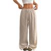 image:imageWomens Linen Summer Pants Drawstring Waist Baggy Pant Straight Wide Leg Beach TrousersApricot