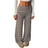 image:imageWomens Striped Foldover Pants Ribbed Knit Wide Leg Pants Elastic High Waisted Casual Lounge TrousersCoffee Brown