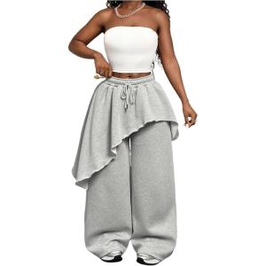 image:imageWomens Asymmetrical Hem Skirt Pants Drawstring Waisted Wide Leg Trousers StreetwearGrey