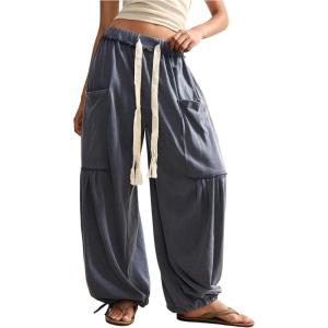 image:imageWomens Baggy Harem Pants Drawstring Waist Wide Leg Sweatpants Boho Casual Trousers Joggers with PocketsDark Grey