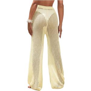 image:imageWomens Cover Up Beach Pants Hollow Out Drawstring High Elastic Waist Swimsuit Beach Cover Up PantsBeige