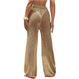 image:imageWomens Cover Up Beach Pants Hollow Out Drawstring High Elastic Waist Swimsuit Beach Cover Up PantsBrown