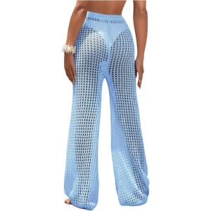 image:imageWomens Cover Up Beach Pants Hollow Out Drawstring High Elastic Waist Swimsuit Beach Cover Up PantsMint Blue