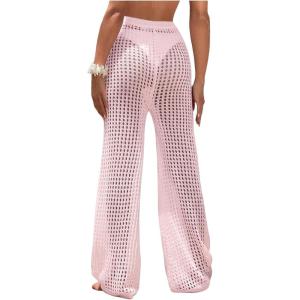 image:imageWomens Cover Up Beach Pants Hollow Out Drawstring High Elastic Waist Swimsuit Beach Cover Up PantsPink