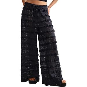 image:imageWomens Crochet Lace Pants Ruffle Layered Elastic Waist Mesh Bathing Suit Cover Up Beach PantsBlack