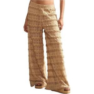 image:imageWomens Crochet Lace Pants Ruffle Layered Elastic Waist Mesh Bathing Suit Cover Up Beach PantsKhaki