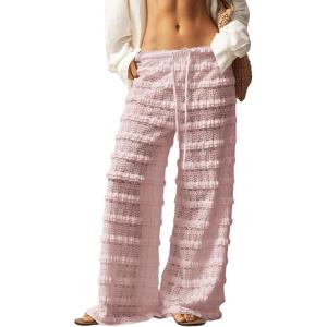 image:imageWomens Crochet Lace Pants Ruffle Layered Elastic Waist Mesh Bathing Suit Cover Up Beach PantsPink