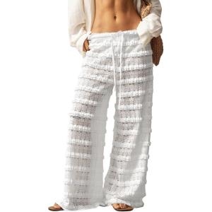 image:imageWomens Crochet Lace Pants Ruffle Layered Elastic Waist Mesh Bathing Suit Cover Up Beach PantsPure White