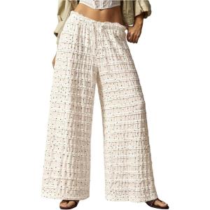 image:imageWomens Crochet Lace Pants Ruffle Layered Elastic Waist Mesh Bathing Suit Cover Up Beach PantsWhite Beige