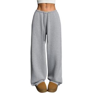 image:imageWomens Drawstring Waist Straight Streetwear Long Wide Leg Pants Casual Loose Baggy Workout Long Fall SweatpantsBright Grey