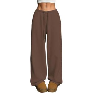 image:imageWomens Drawstring Waist Straight Streetwear Long Wide Leg Pants Casual Loose Baggy Workout Long Fall SweatpantsCoffee Brown