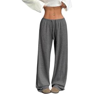 image:imageWomens Drawstring Waist Straight Streetwear Long Wide Leg Pants Casual Loose Baggy Workout Long Fall SweatpantsDark Grey