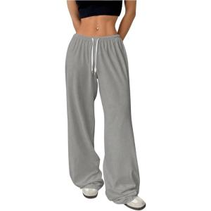 image:imageWomens Drawstring Waist Straight Streetwear Long Wide Leg Pants Casual Loose Baggy Workout Long Fall SweatpantsGrey Solid